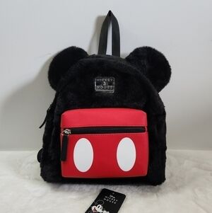 Disney Bioworld Mickey Mouse Black Red Faux Fur Faux Leather Mini Backback NWT